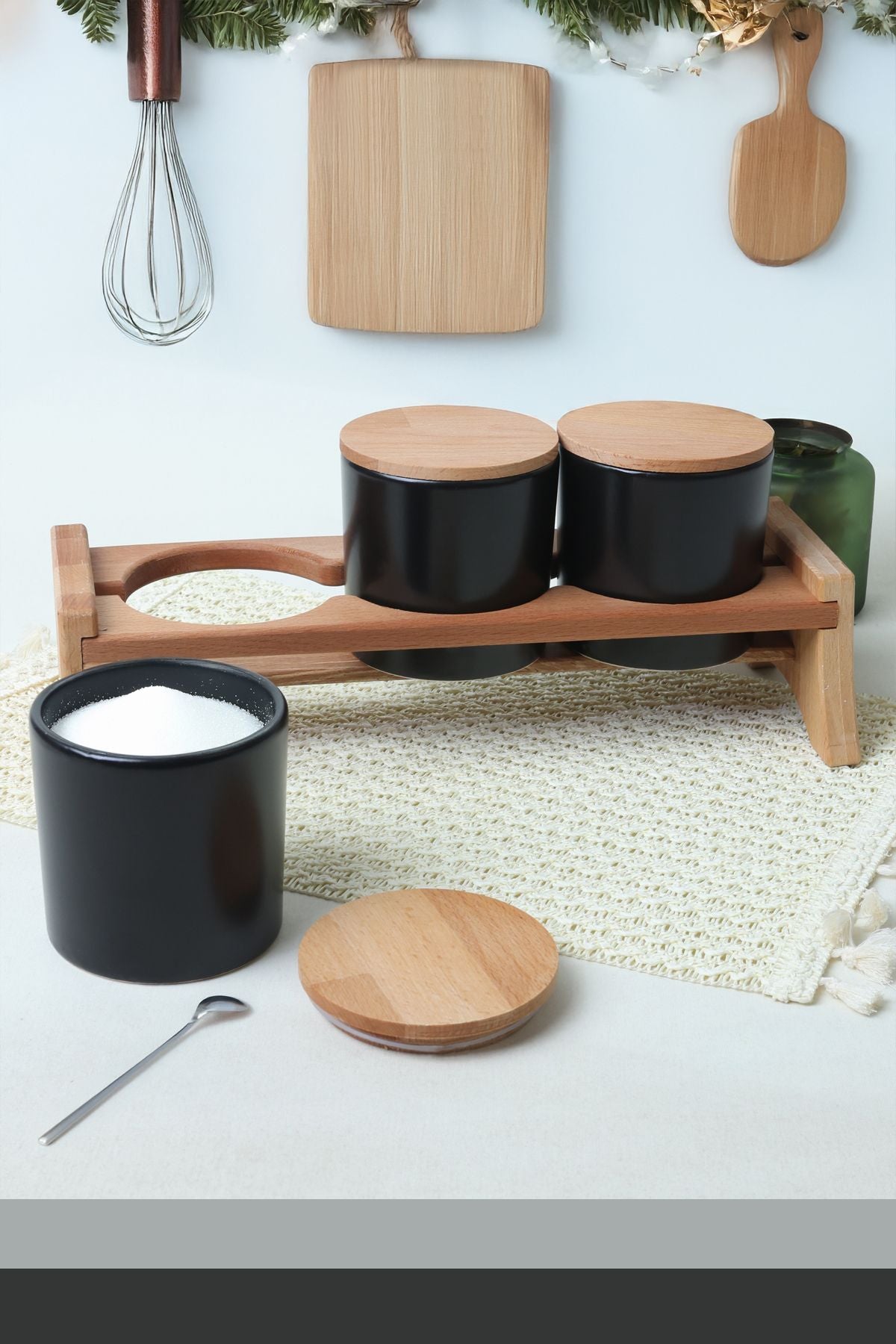 Mat Siyah Ege Ahşap Standlı Saklama Kabı 10 cm 3 Parça