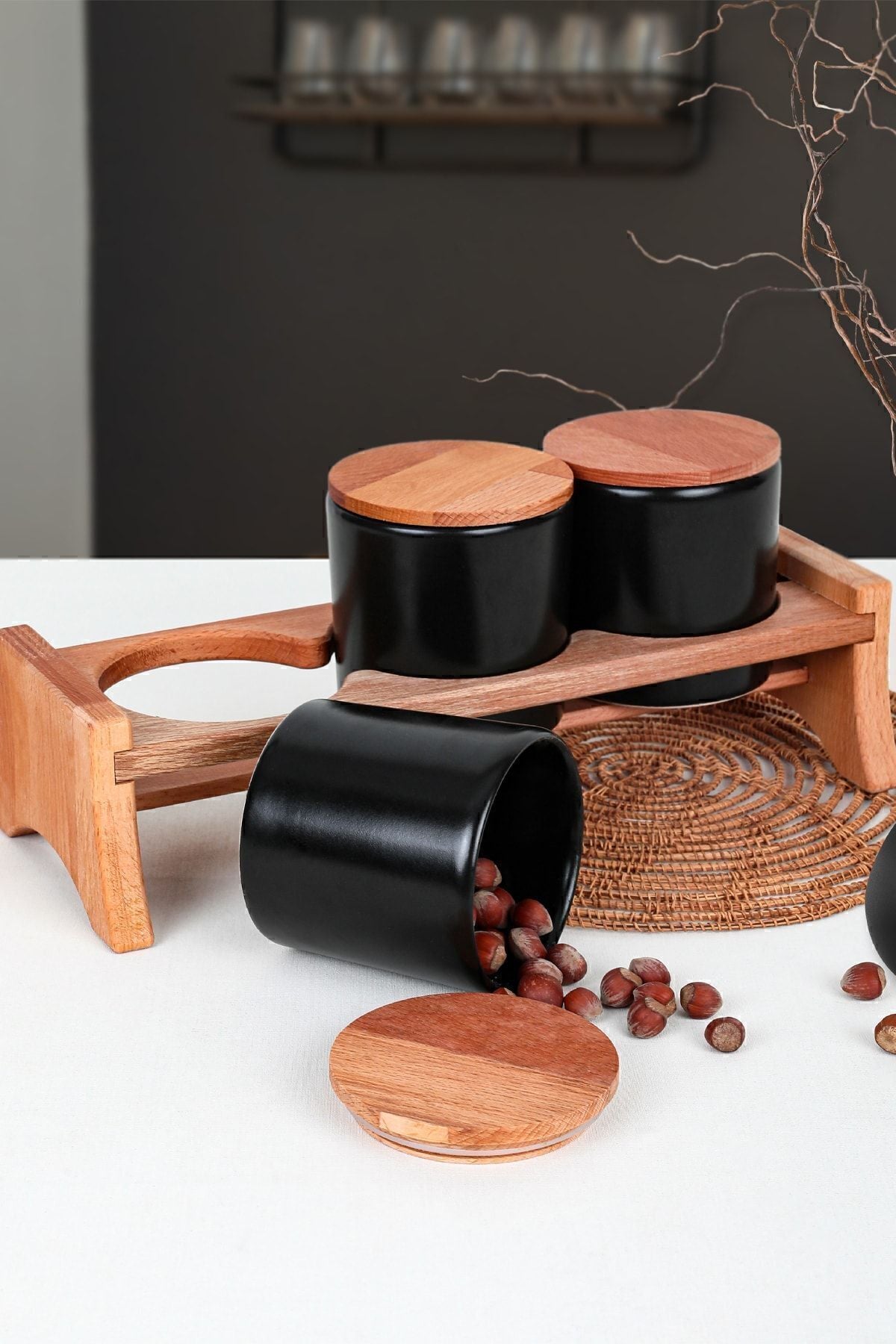 Mat Siyah Ege Ahşap Standlı Saklama Kabı 10 cm 3 Parça