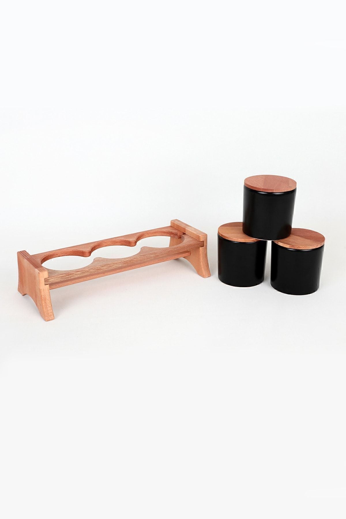 Mat Siyah Ege Ahşap Standlı Saklama Kabı 10 cm 3 Parça