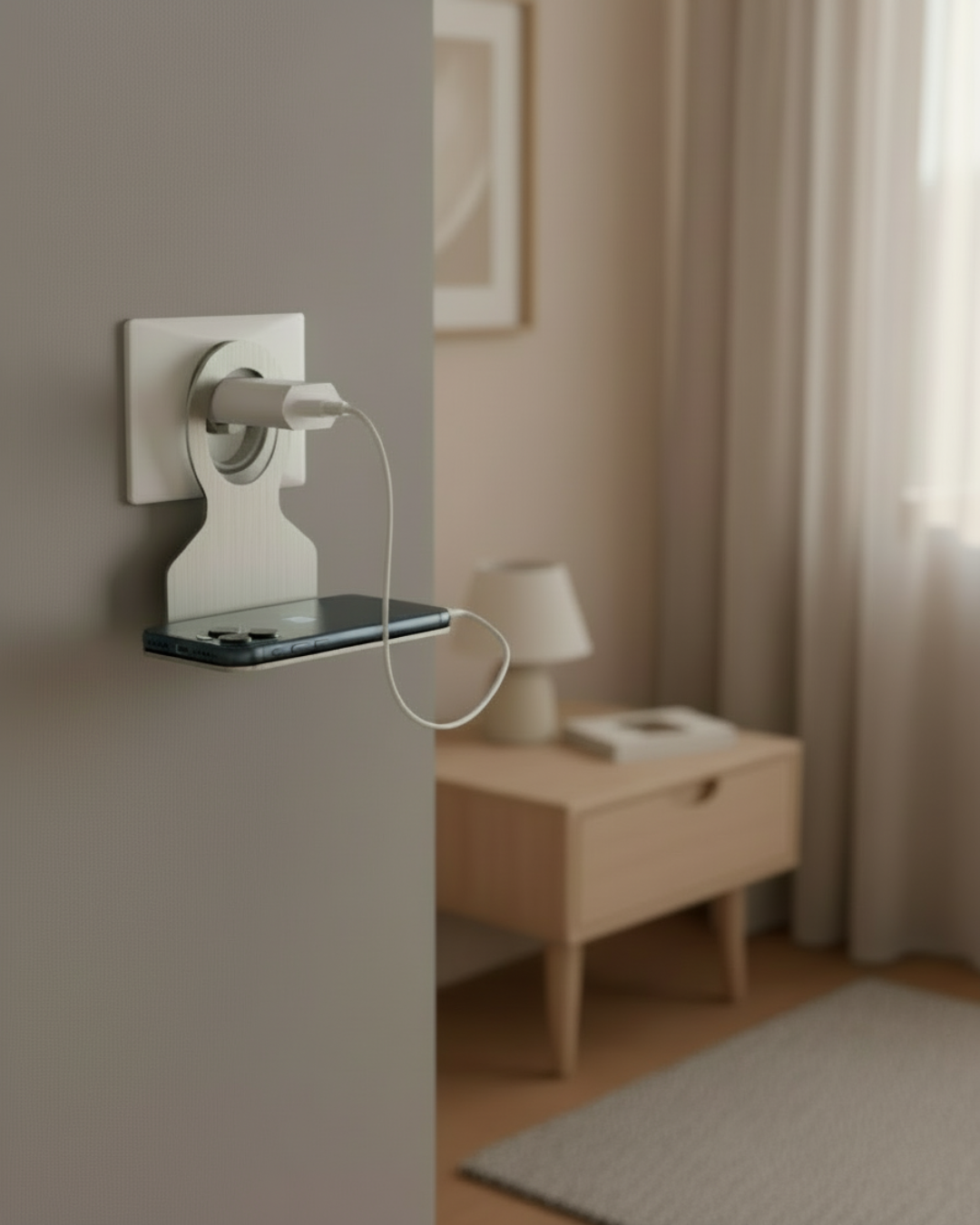 Paslanmaz Çelik Pratik Telefon Tutucu – Duvar Prizi Üstü Şarj Standı | Chalybes