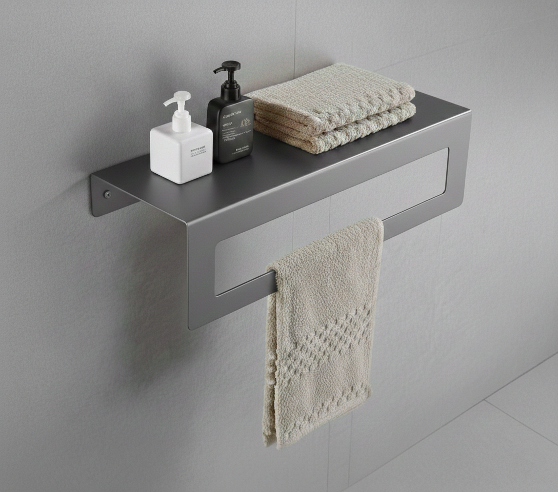 Premium Koyu Gri Havlu Askılı Banyo Rafı | Rehome
