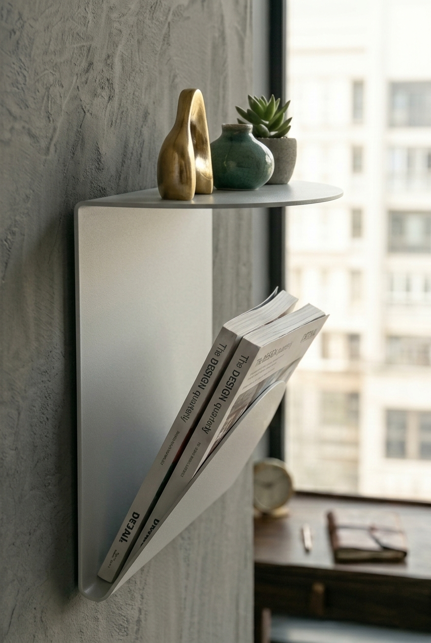 Premium Seri Açık Gri Metal Duvar Rafı ve Dergilik - Minimalist Tasarım