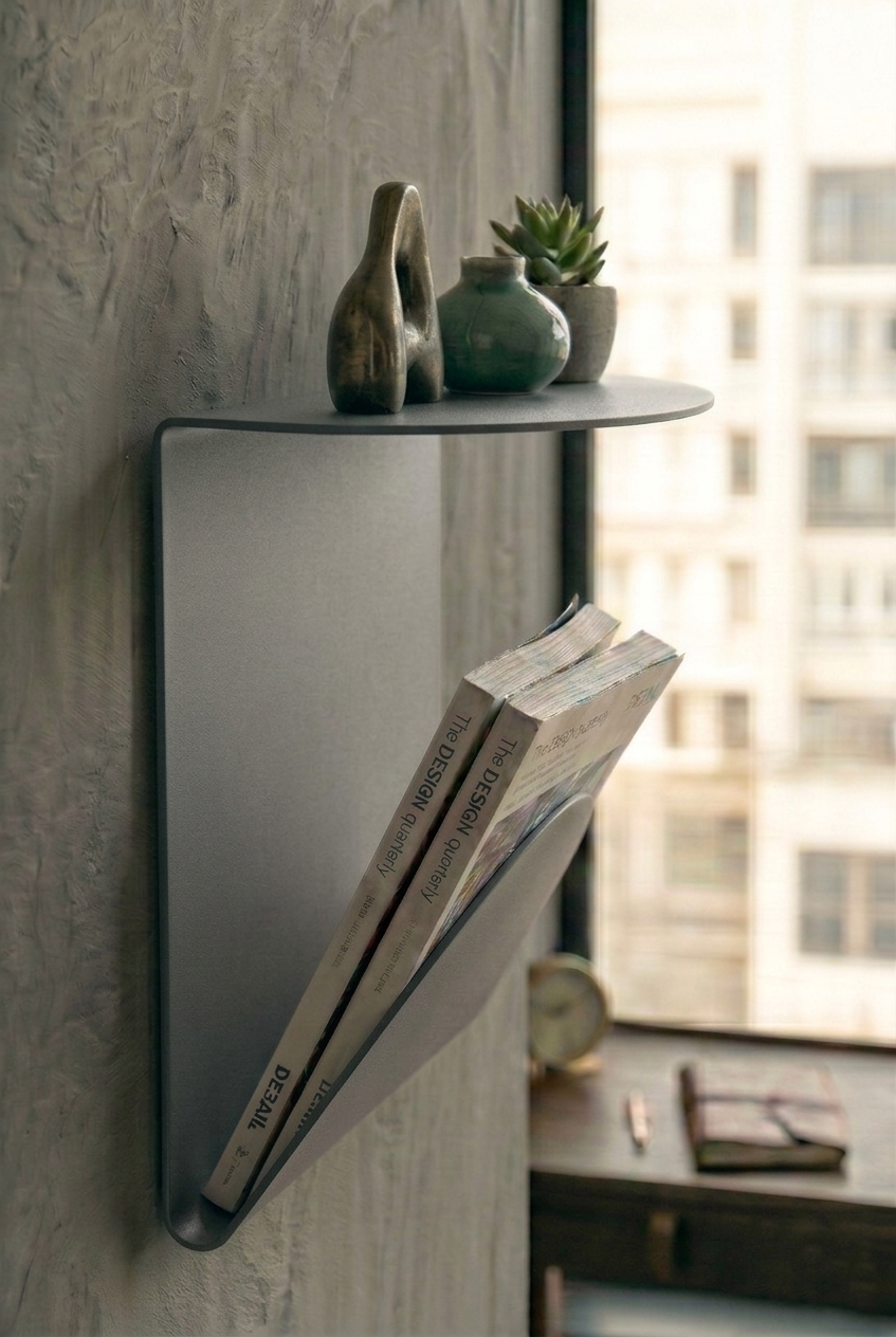 Premium Seri Koyu Gri Metal Duvar Rafı ve Dergilik - Minimalist Tasarım