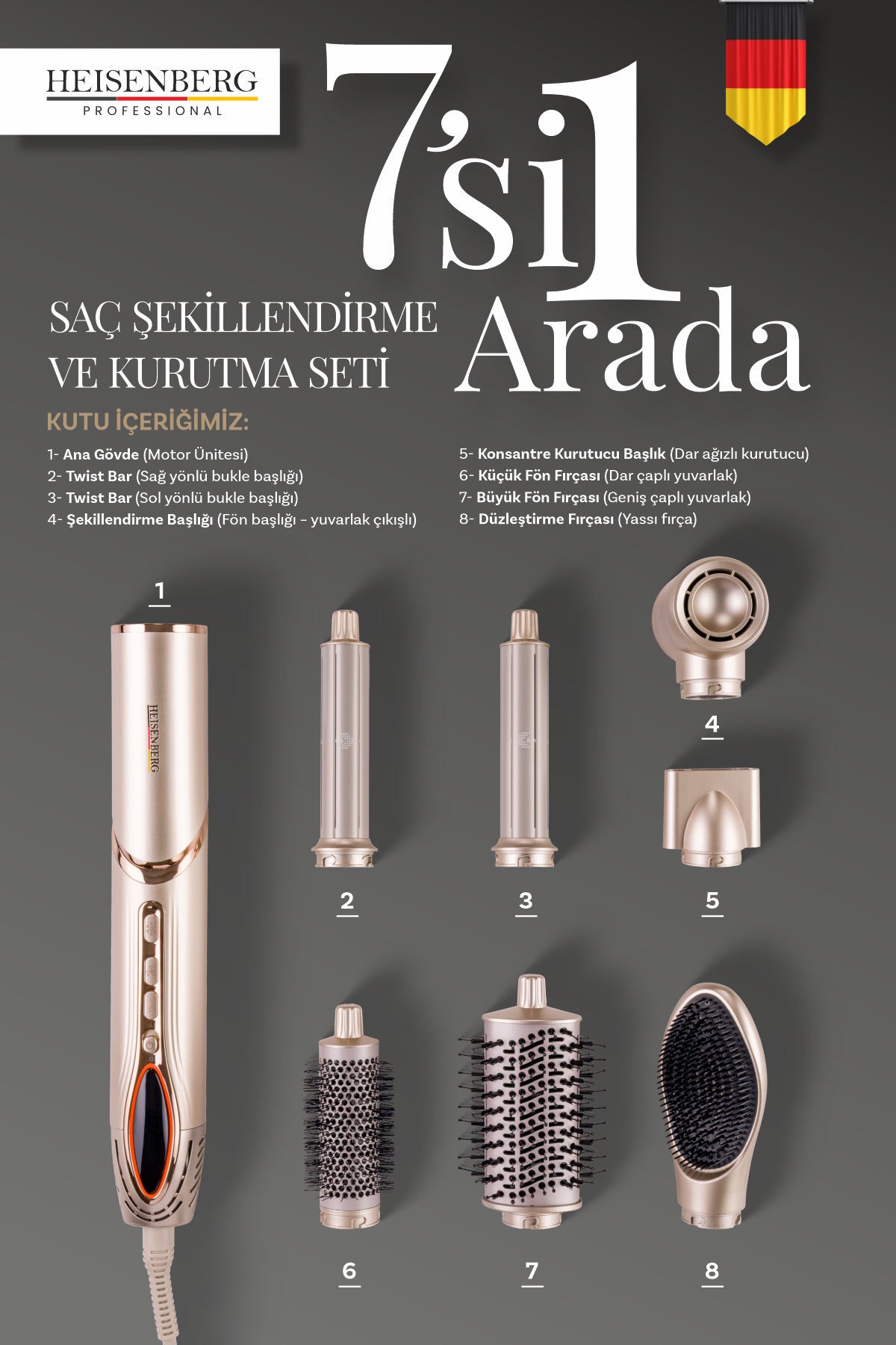 HEISENBERG Airstrait Hava Üflemeli Saç Kurutma ve Şekillendirme Seti