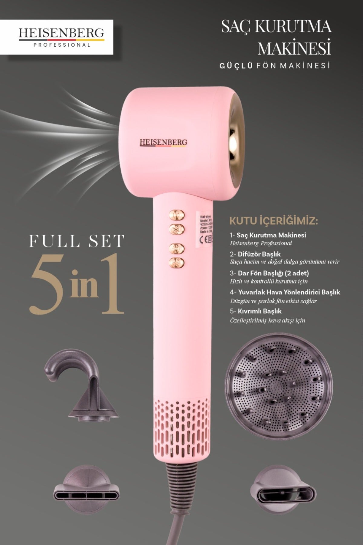 HEISENBERG Profesyonel Saç Kurutma Makinesi | 5 in 1 Güçlü Fön Seti