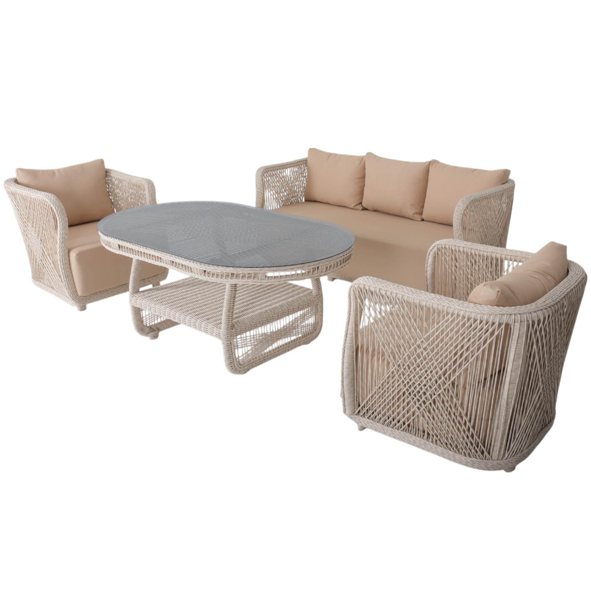 Psine | Üçlü Rattan Bahçe Oturma Grubu | 3+1+1+Sehpalı Bahçe Takımı