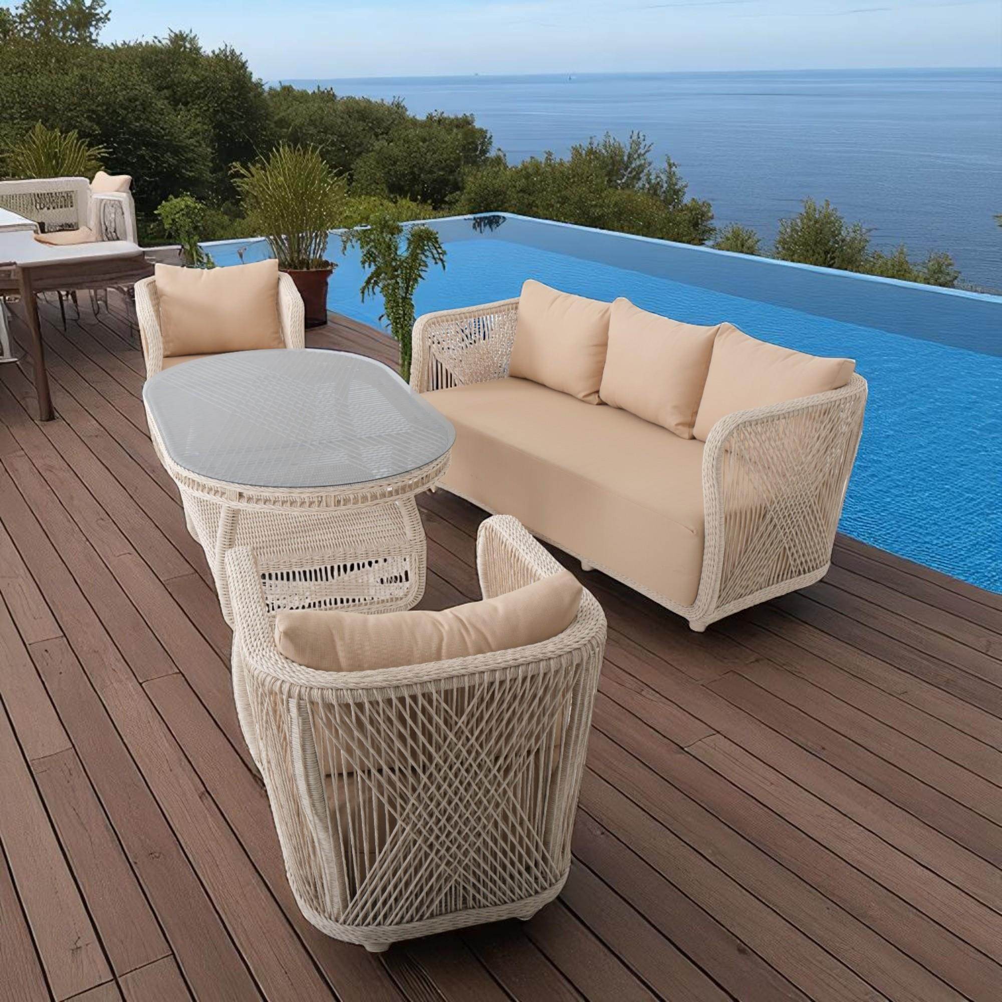 Psine | Üçlü Rattan Bahçe Oturma Grubu | 3+1+1+Sehpalı Bahçe Takımı