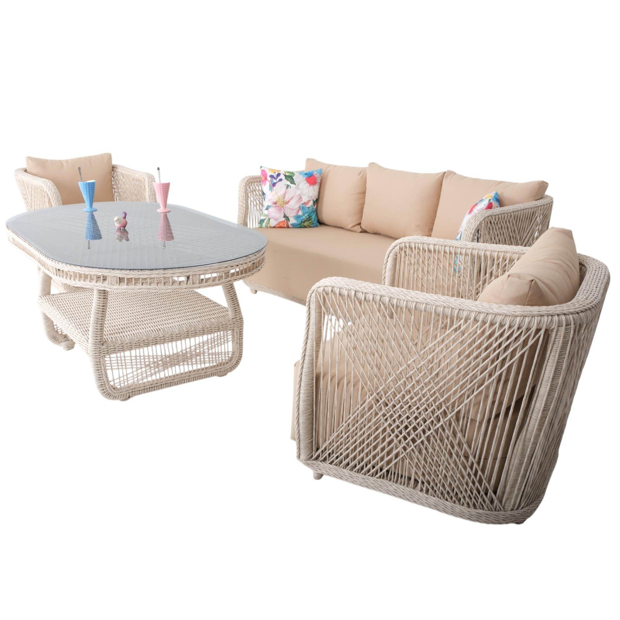 Psine | Üçlü Rattan Bahçe Oturma Grubu | 3+1+1+Sehpalı Bahçe Takımı