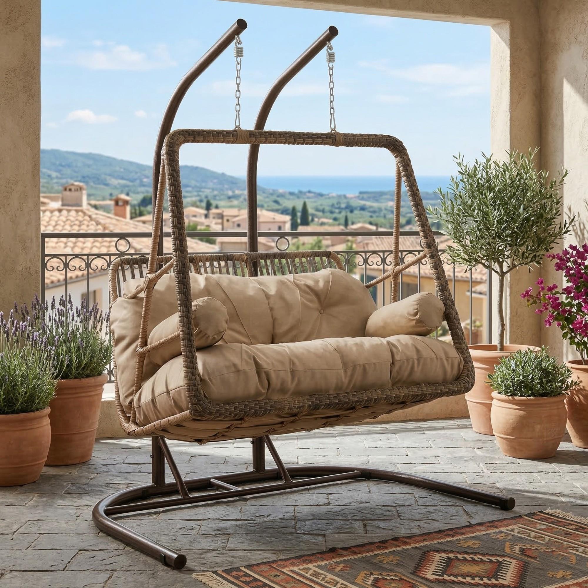 Rehome Hazar Çiftli Rattan Bahçe Salıncağı | Açık Kahve