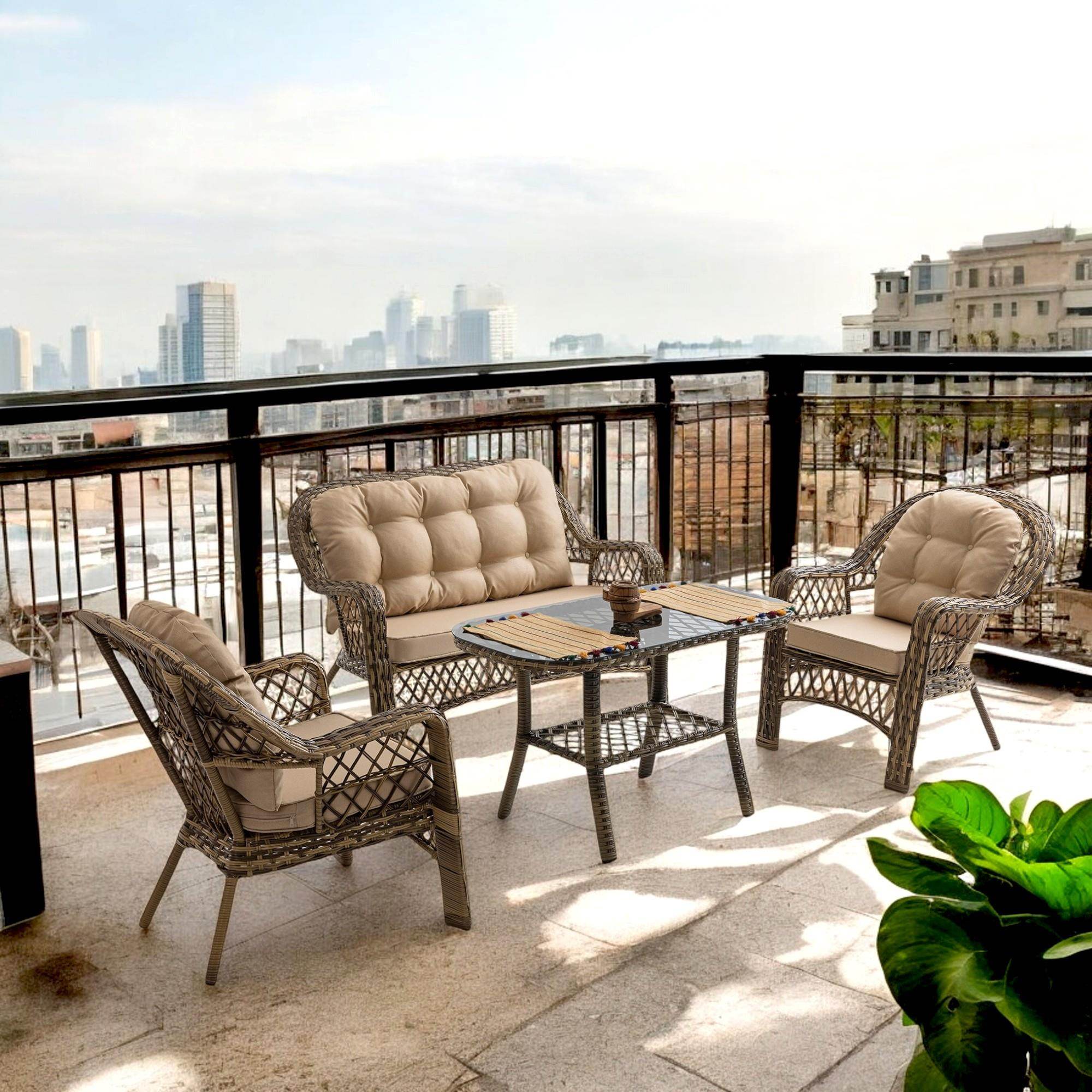 Rehome Lora 2+1+1+Sehpa | Rattan Bahçe Balkon Oturma Grubu