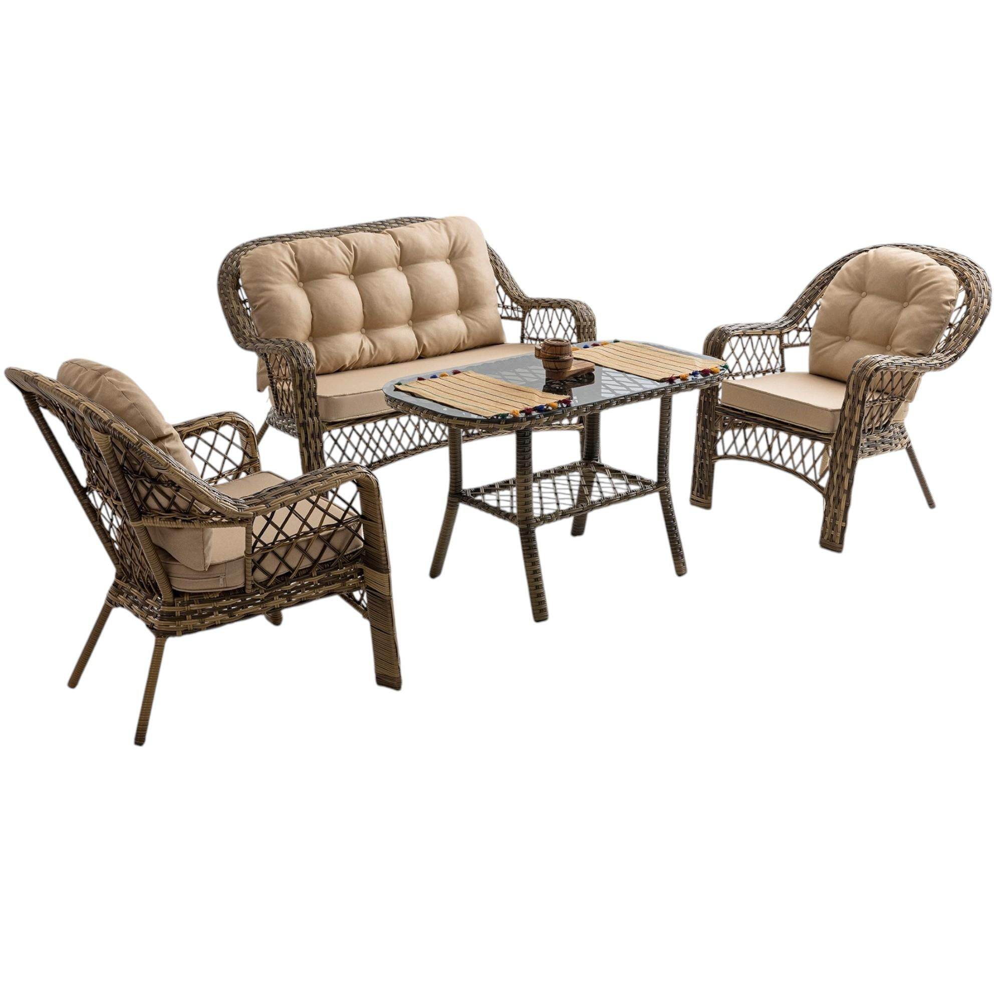 Rehome Lora 2+1+1+Sehpa | Rattan Bahçe Balkon Oturma Grubu