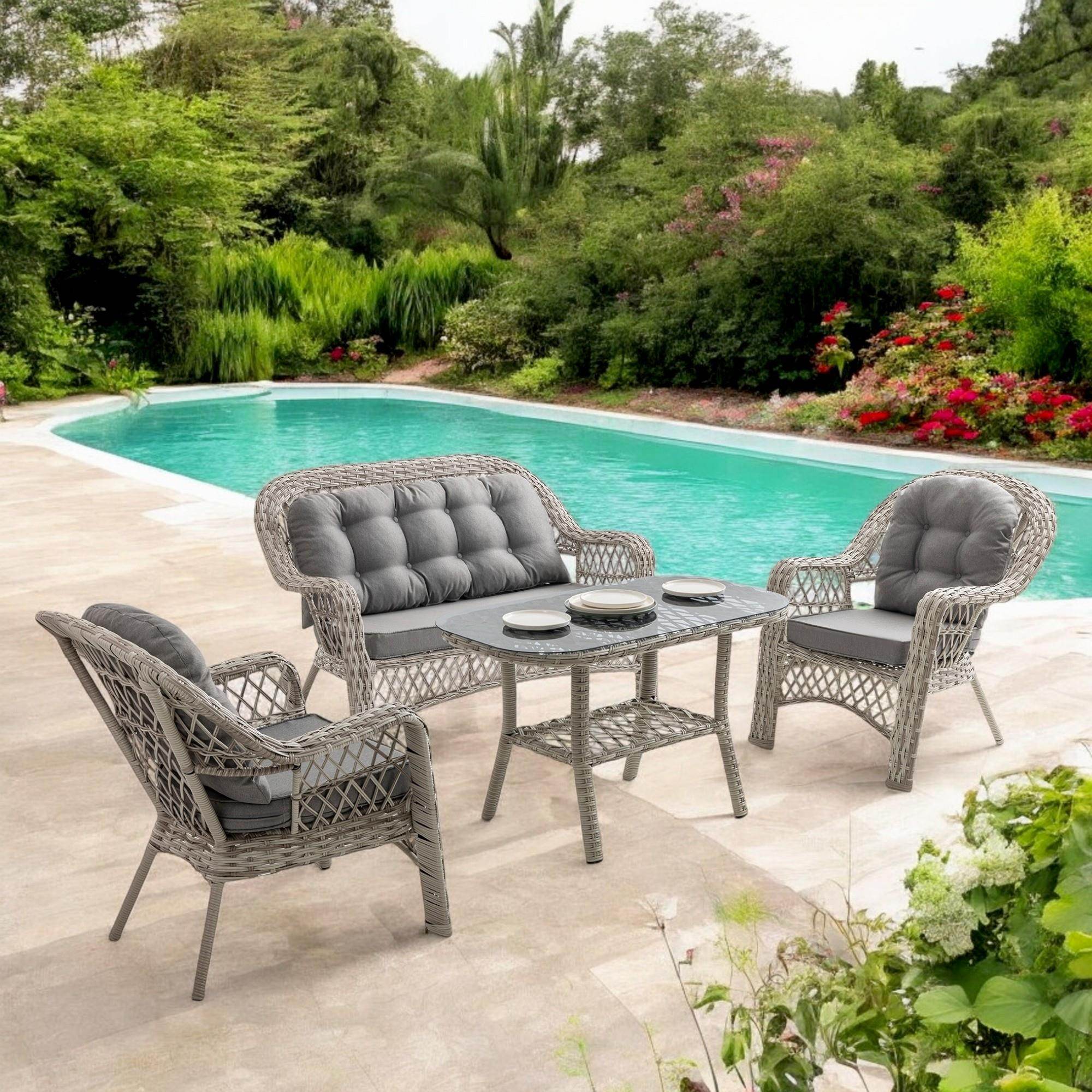 Rehome Lora 2+1+1+Sehpa | Rattan Bahçe Balkon Oturma Grubu