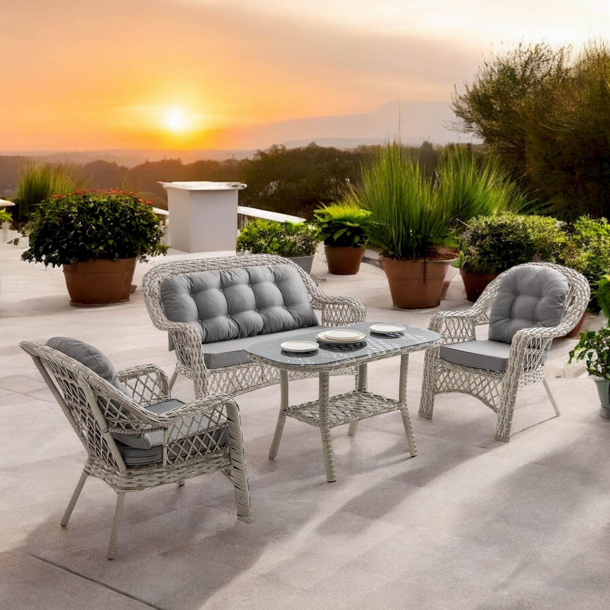 Rehome Lora 2+1+1+Sehpa | Rattan Bahçe Balkon Oturma Grubu