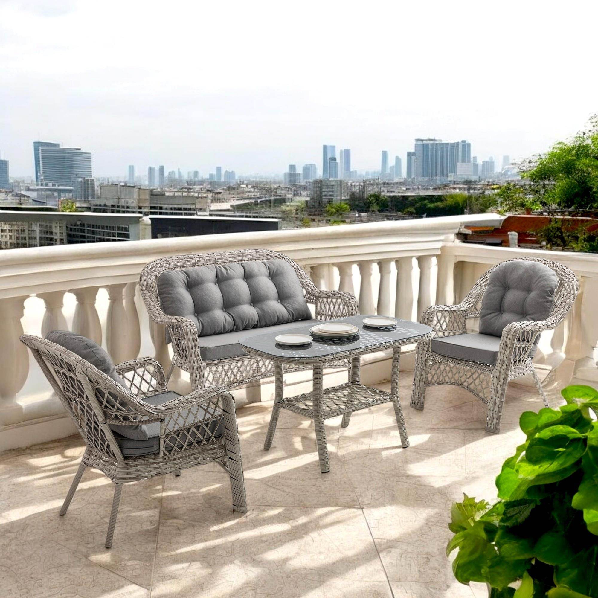 Rehome Lora 2+1+1+Sehpa | Rattan Bahçe Balkon Oturma Grubu