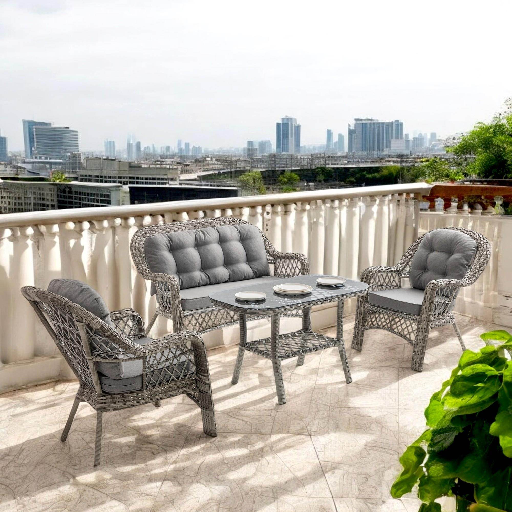 Rehome Lora 2+1+1+Sehpa | Rattan Bahçe Balkon Oturma Grubu