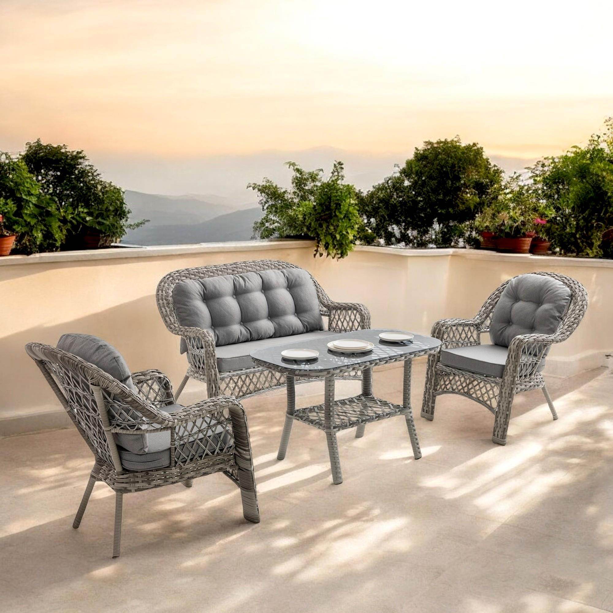 Rehome Lora 2+1+1+Sehpa | Rattan Bahçe Balkon Oturma Grubu