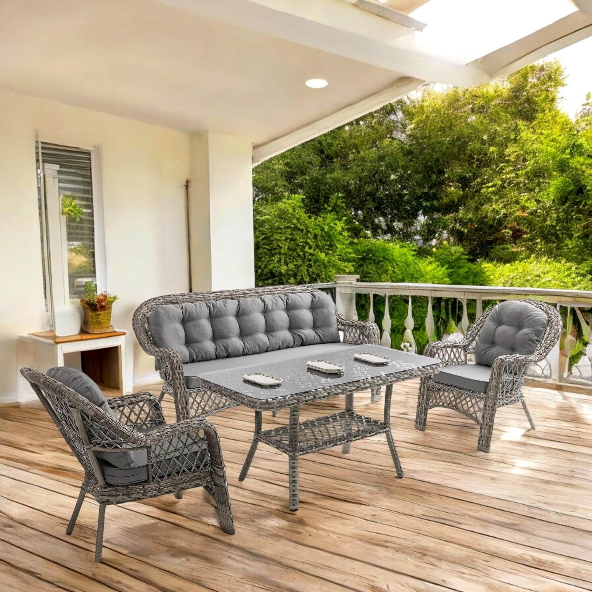 Rehome Lora 3+1+1+Sehpa | Rattan Bahçe Balkon Oturma Grubu