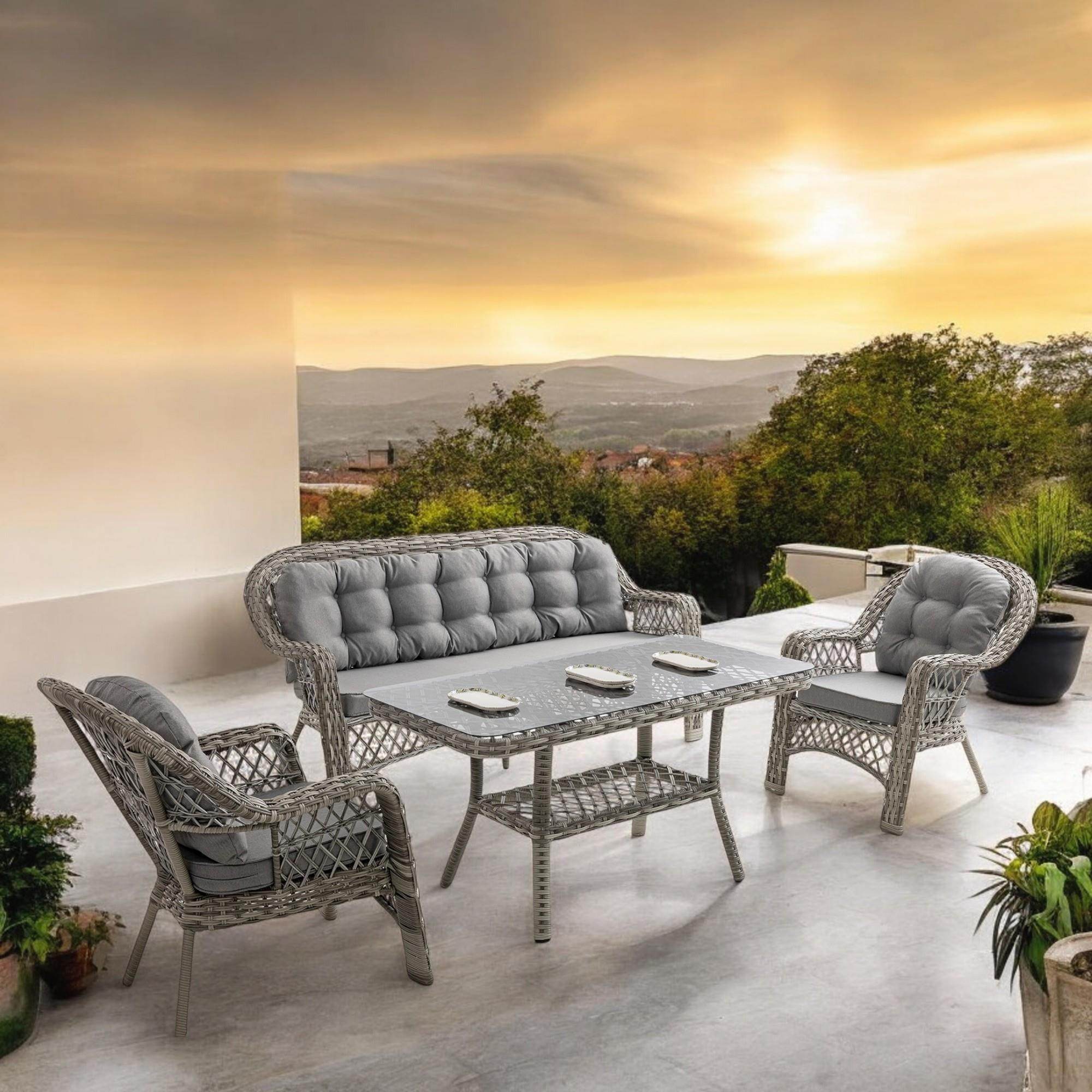 Rehome Lora 3+1+1+Sehpa | Rattan Bahçe Balkon Oturma Grubu