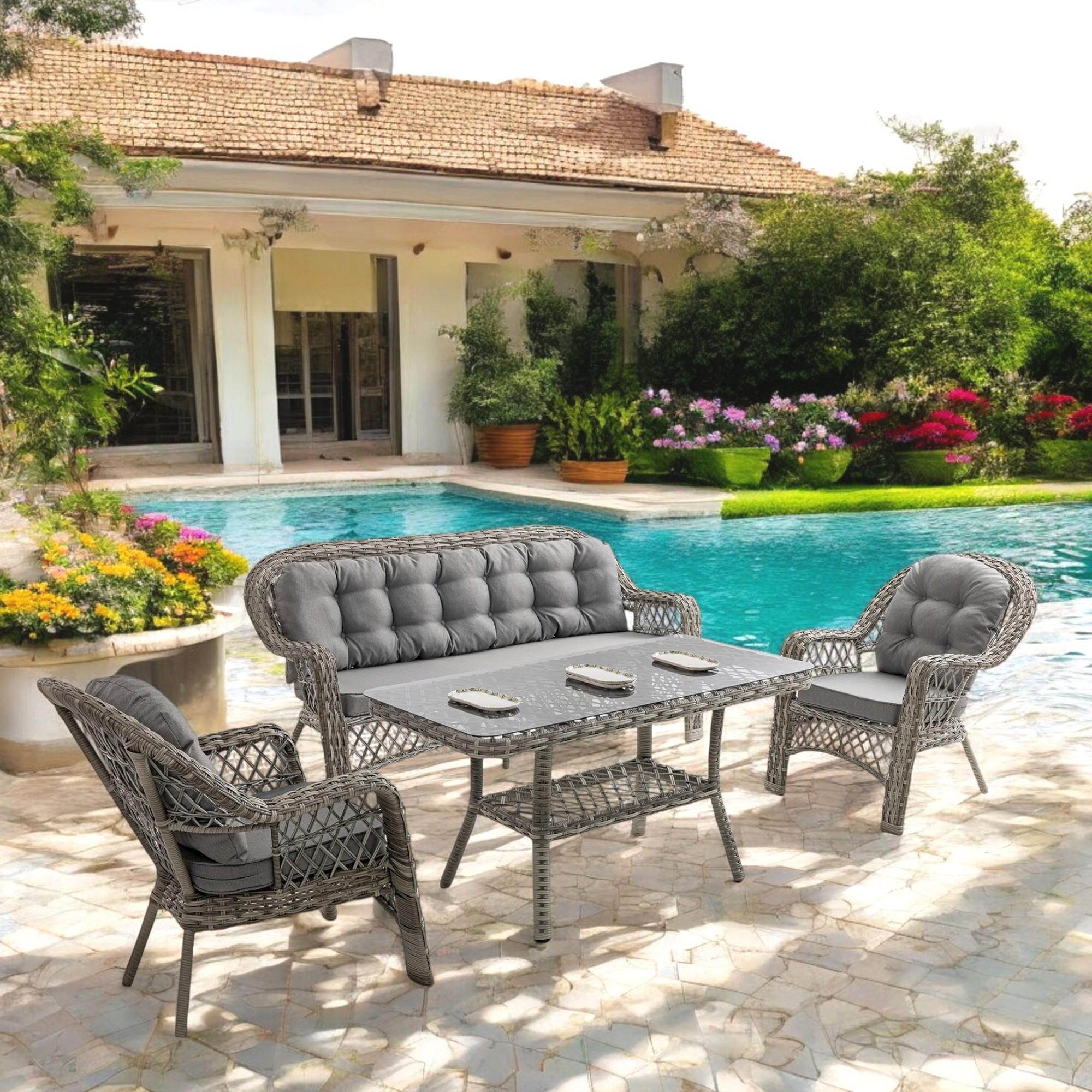 Rehome Lora 3+1+1+Sehpa | Rattan Bahçe Balkon Oturma Grubu