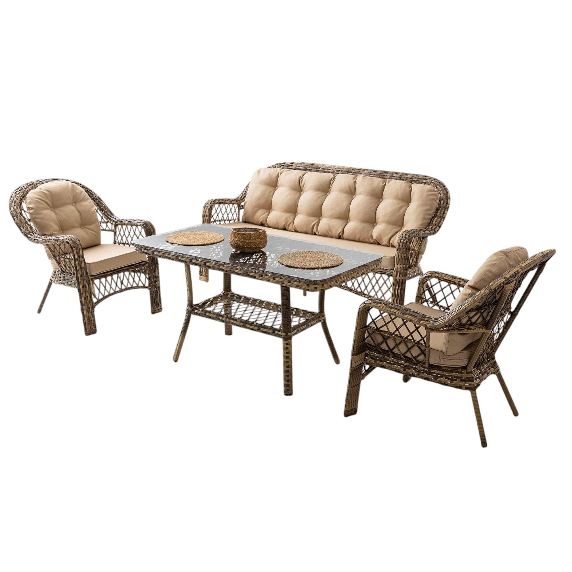 Rehome Lora 3+1+1+Sehpa | Rattan Bahçe Balkon Oturma Grubu