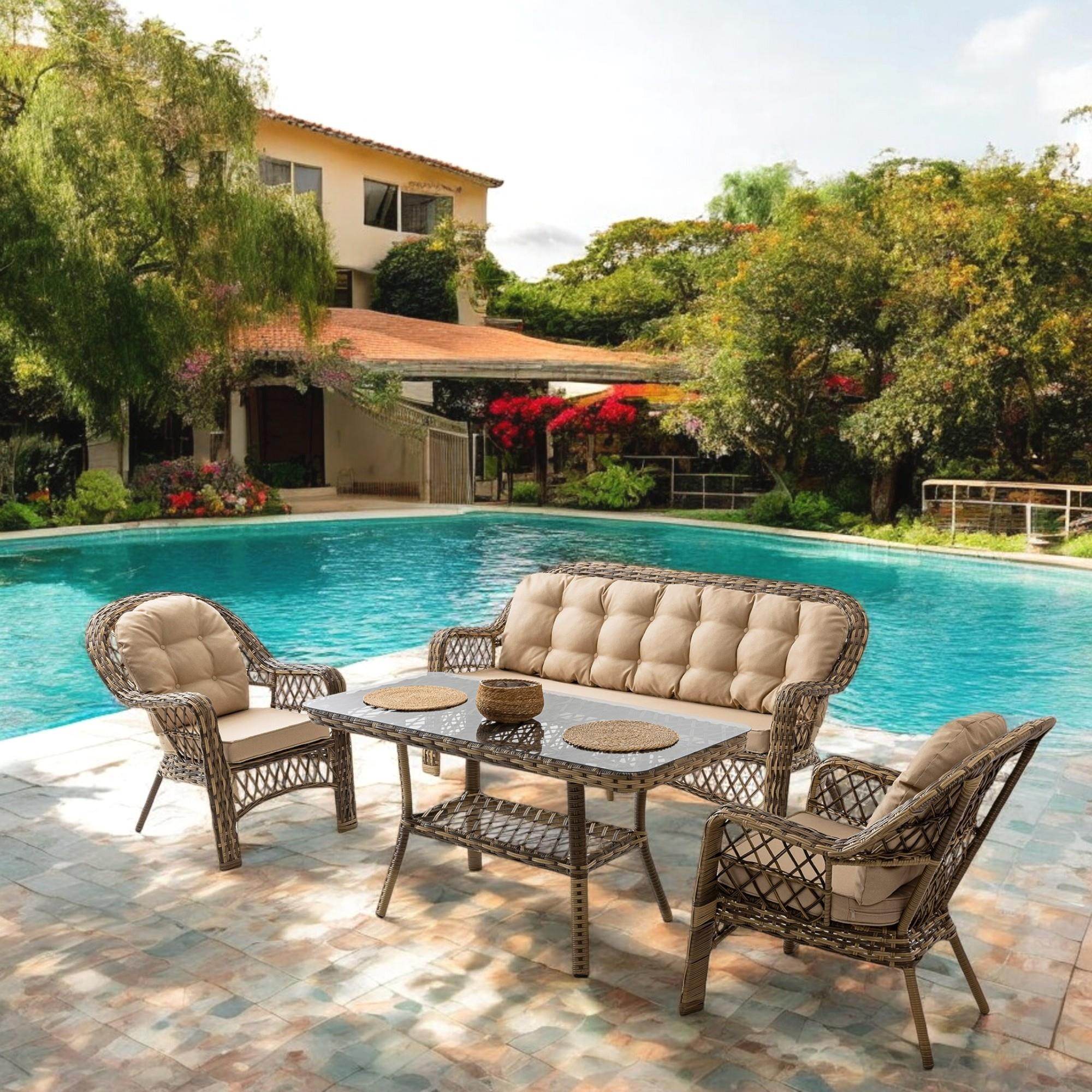 Rehome Lora 3+1+1+Sehpa | Rattan Bahçe Balkon Oturma Grubu