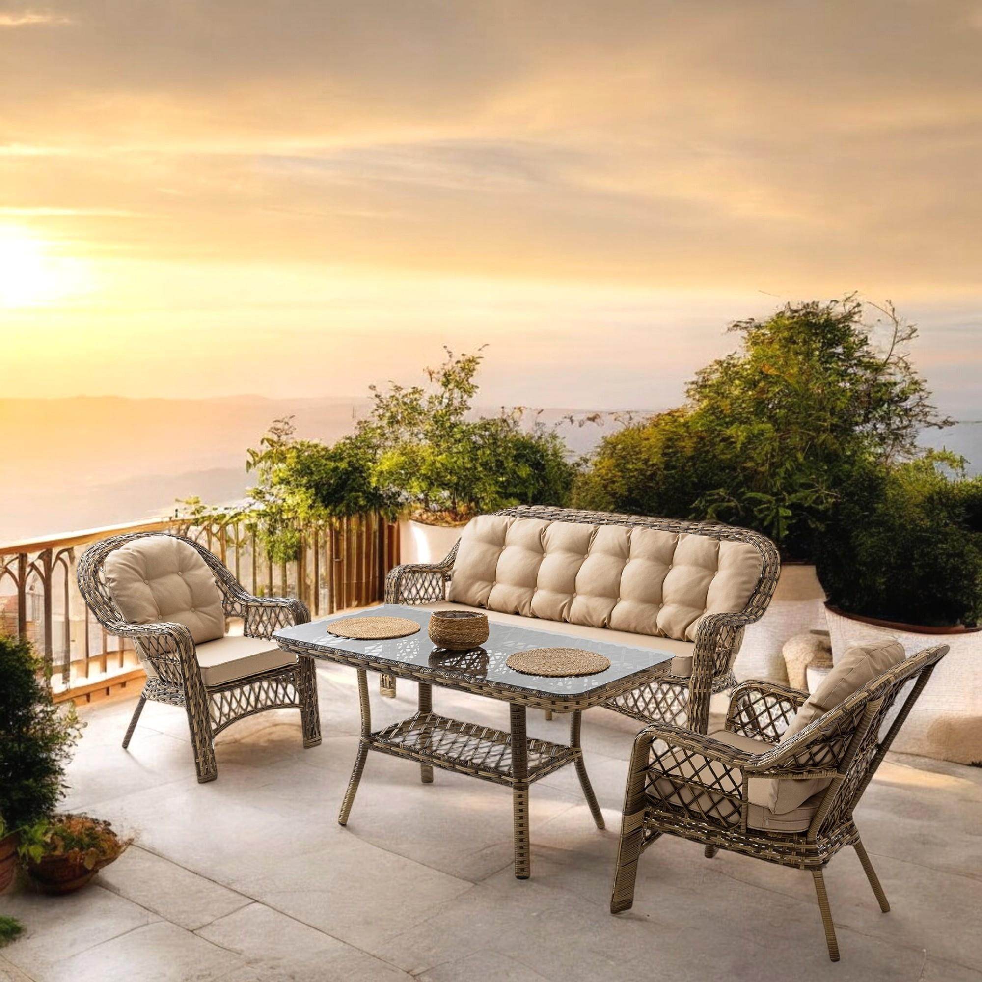 Rehome Lora 3+1+1+Sehpa | Rattan Bahçe Balkon Oturma Grubu
