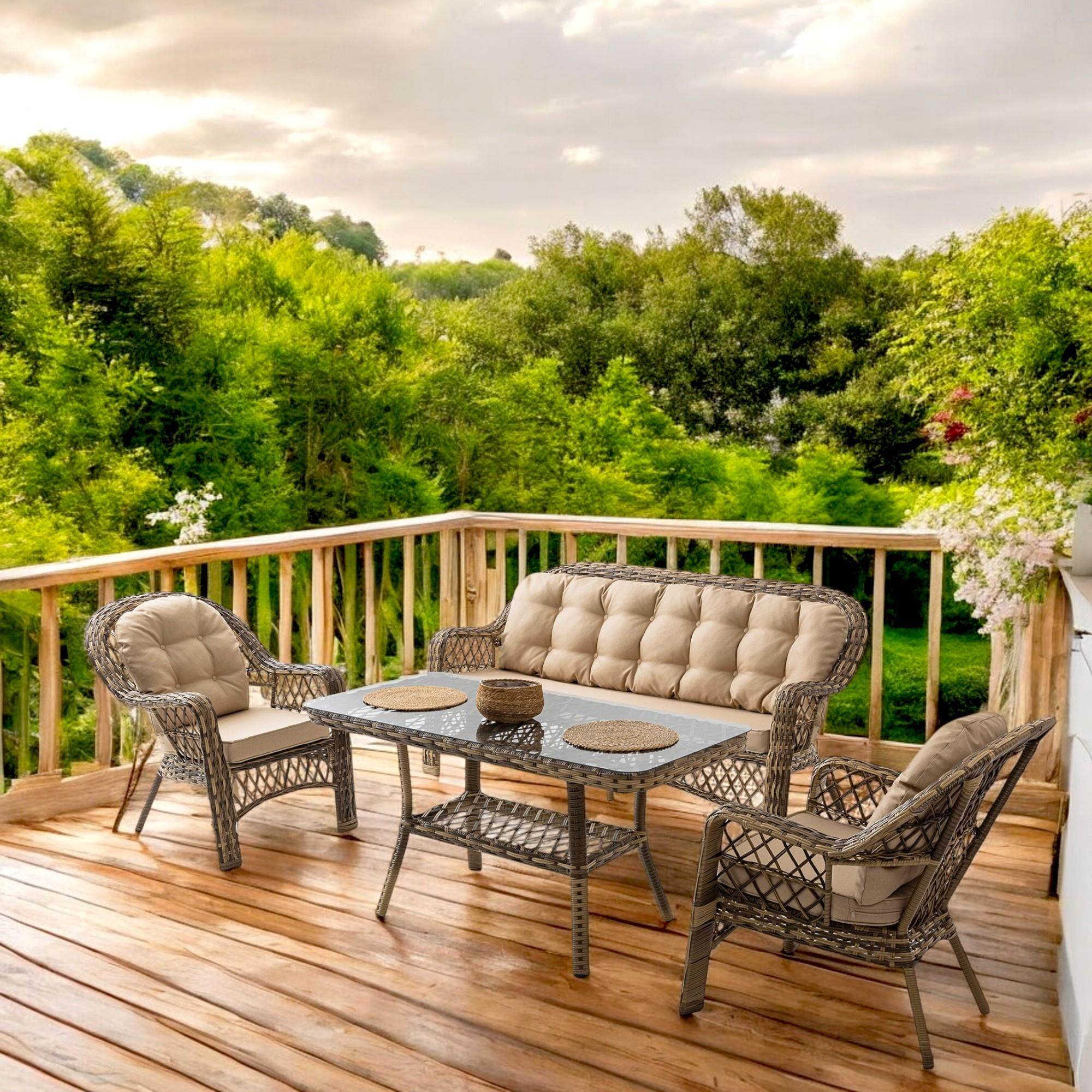 Rehome Lora 3+1+1+Sehpa | Rattan Bahçe Balkon Oturma Grubu