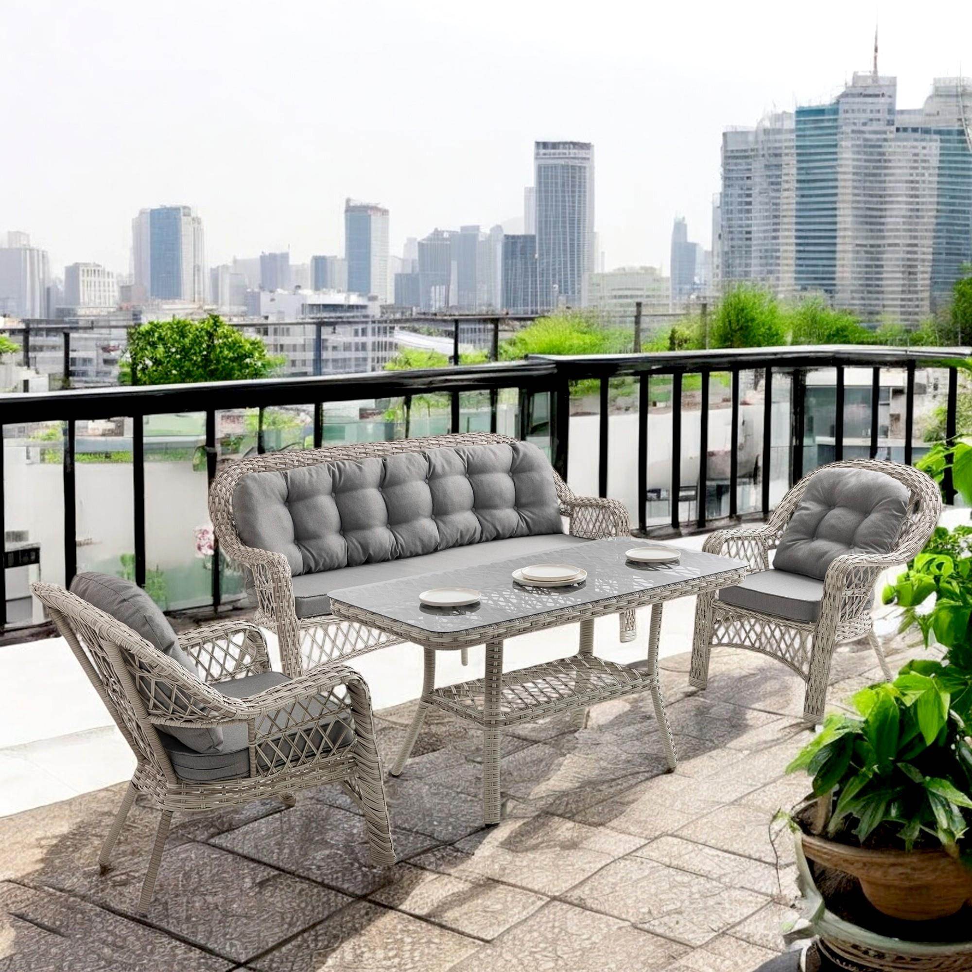 Rehome Lora 3+1+1+Sehpa | Rattan Bahçe Balkon Oturma Grubu