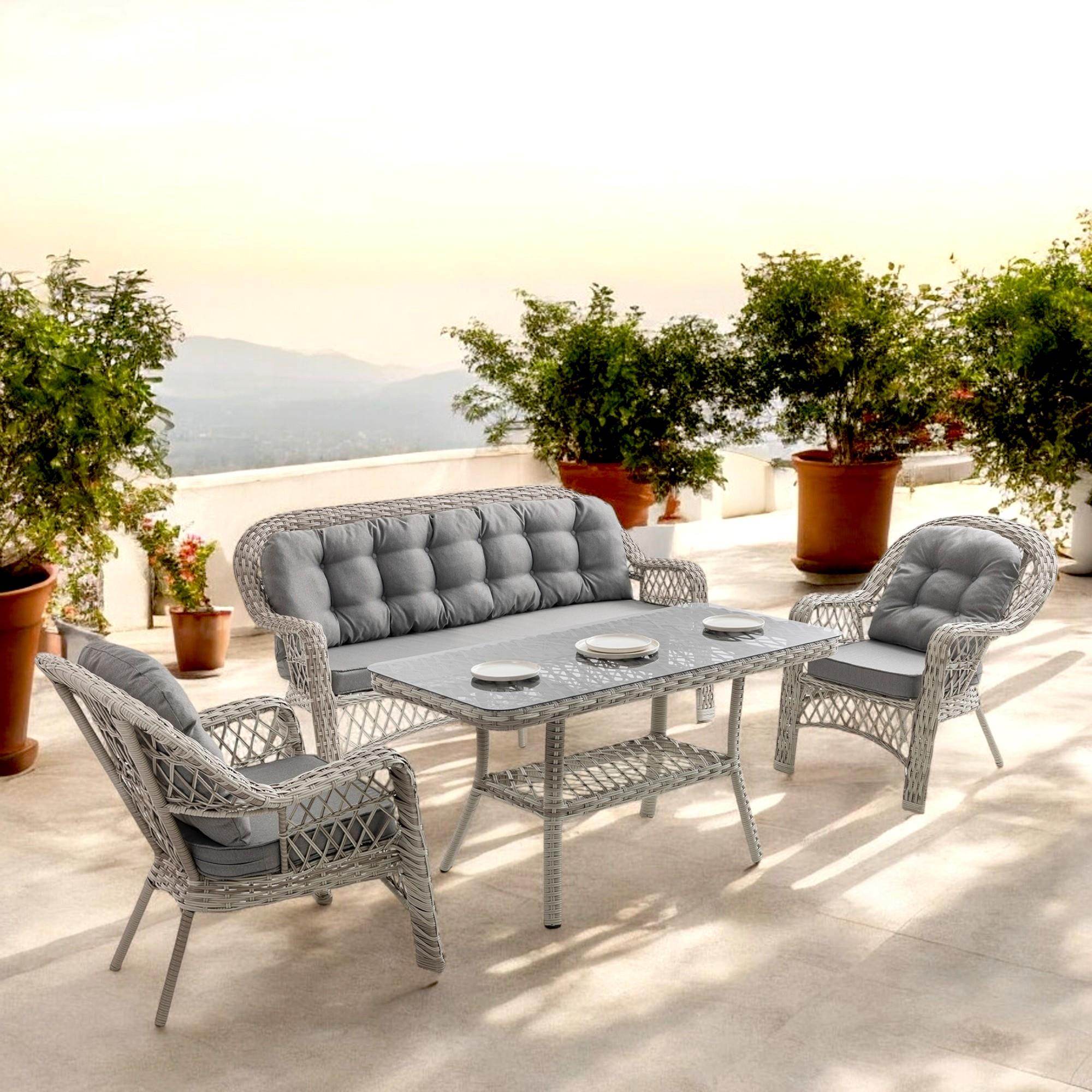 Rehome Lora 3+1+1+Sehpa | Rattan Bahçe Balkon Oturma Grubu