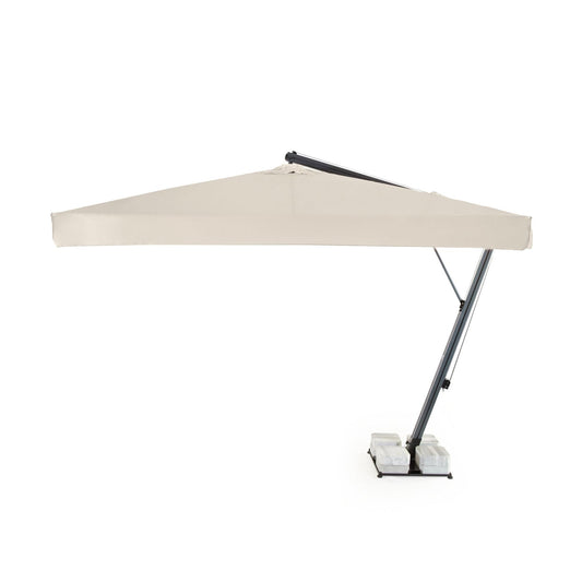 Rehome SE 300x400/8 yandan direkli banana şemsiye yan görünüş; sabit ayak ve tekerlekli taban ile stabil kullanım sunar.