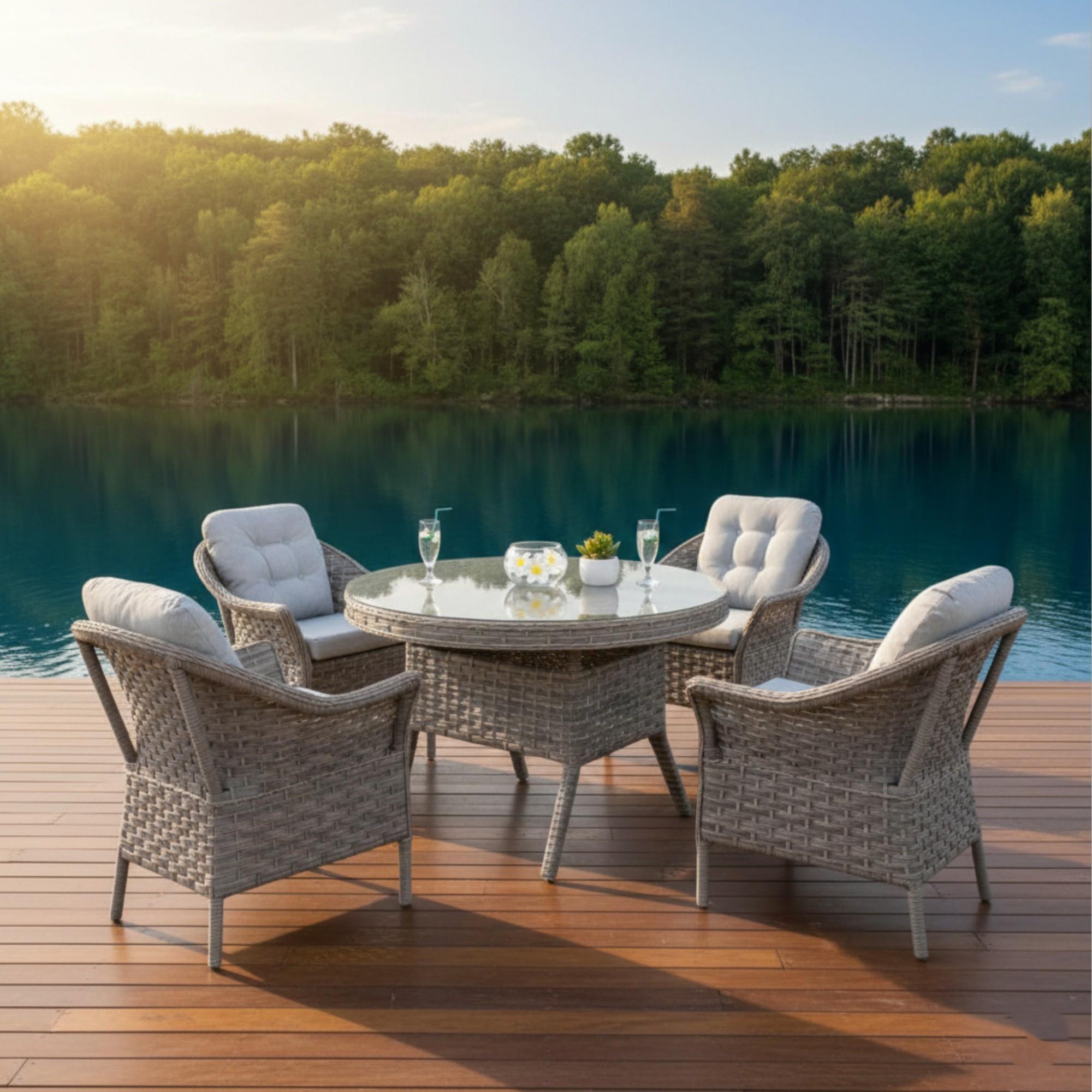 Spark Nova 110 cm Rattan Yuvarlak Minderli Bahçe Masa Takımı