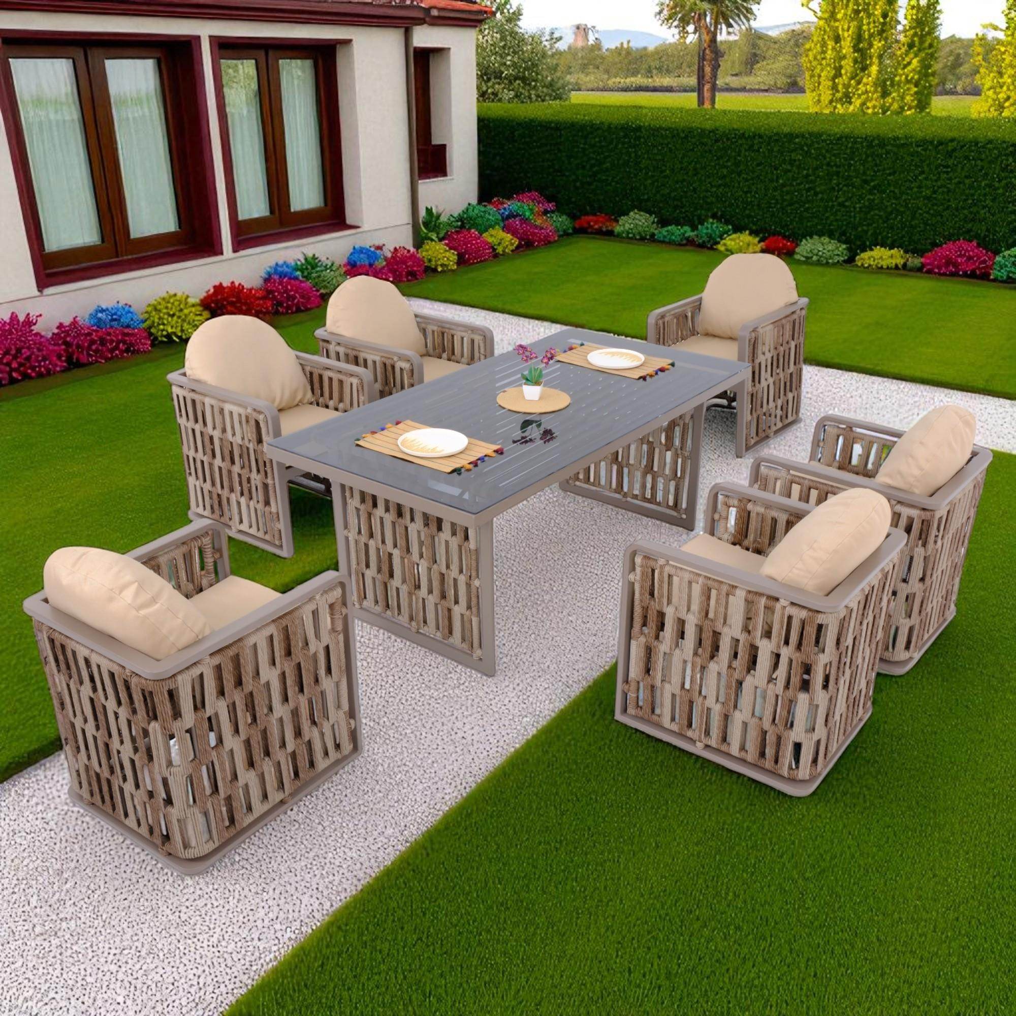 Talia | Rattan Bahçe Masa Takımı | 100X200 6 Kişilik Bahçe Mobilyası